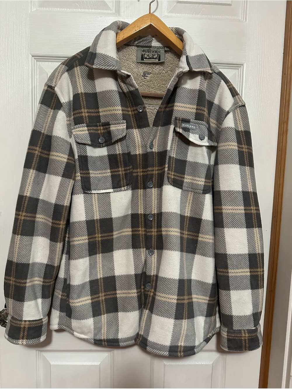 BURLEBO Men’s Large Long SLV Plaid Sherpa-Lined Flannel Jacket - Gray & white